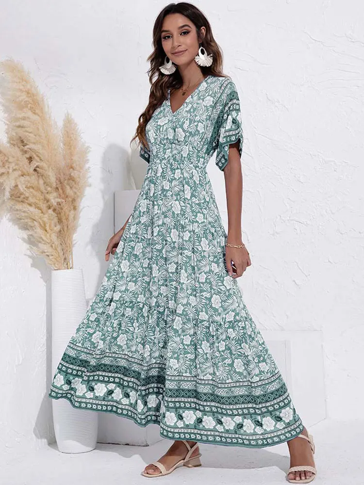 WD418 Elegant Long Floral Viscose Maxi Boho Dress