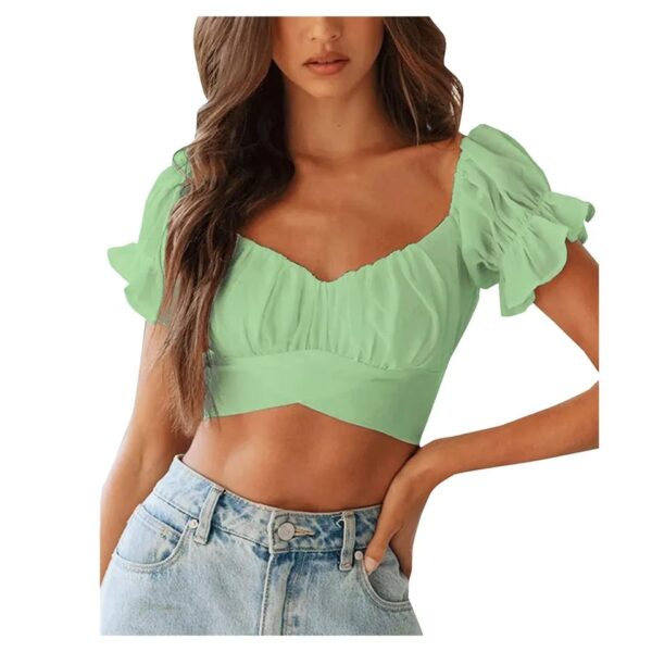 WD452 Ruffle Short Sleeve Tie Up Back Crop Top