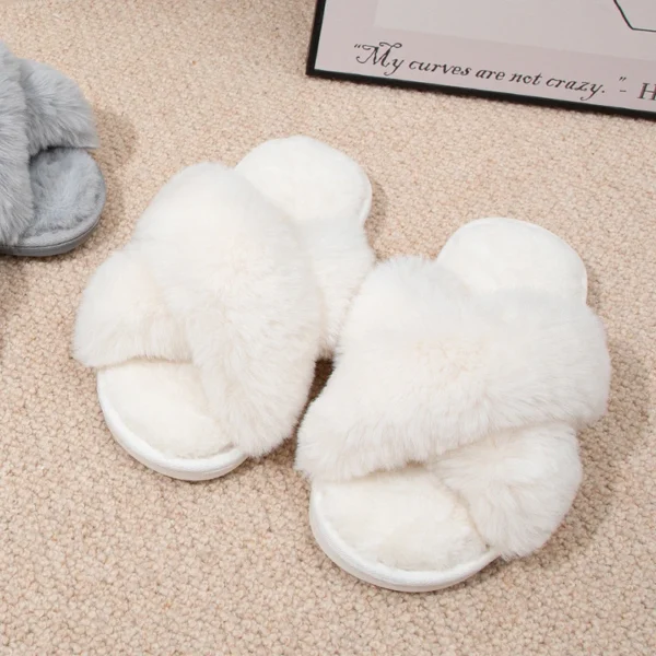 WF029 - Home Indoor Cross Slides Casual Fuzzy Slippers - Image 2