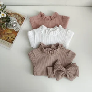 NB028 Baby Girls Ribbed Romper Set