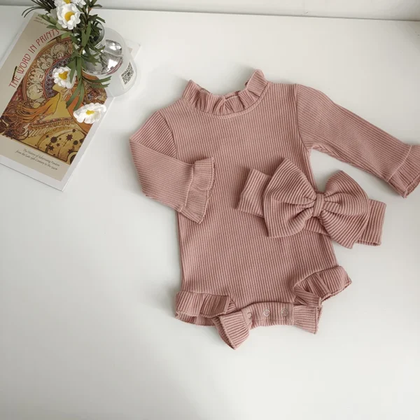NB028 Baby Girls Ribbed Romper Set - Image 6