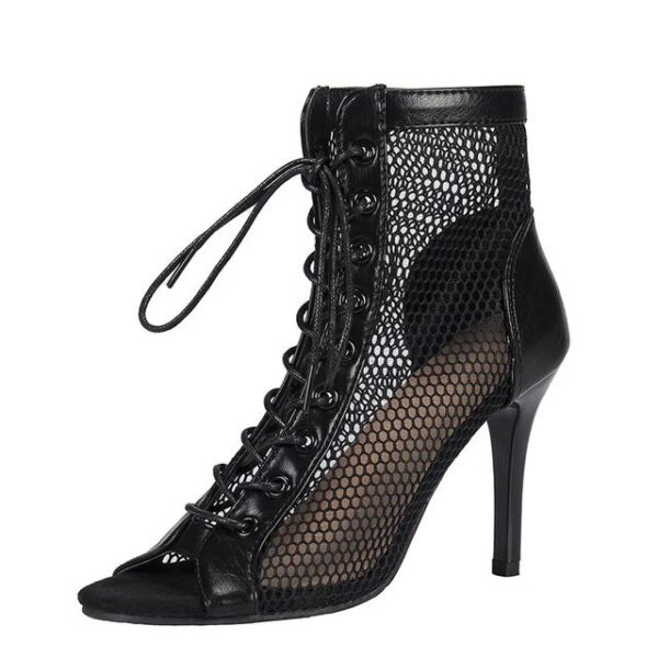 WF114 Summer Sexy Hollow Mesh Sandals Shoes Peep Toe Boots Lace UP Comfort Boots Stilettos - Image 3