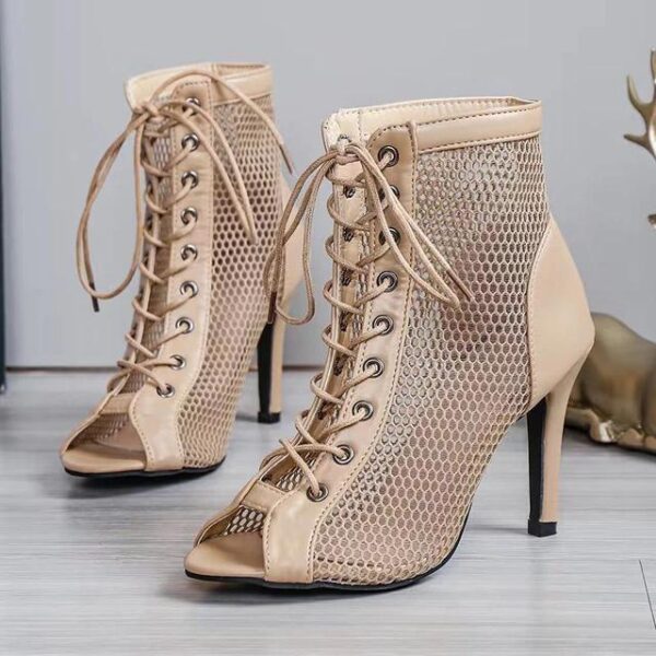 WF114 Summer Sexy Hollow Mesh Sandals Shoes Peep Toe Boots Lace UP Comfort Boots Stilettos - Image 4