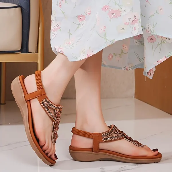 WF102 Women's Flower Beads Thong Sandals, Boho Style Open Toe Elastic Strap - Image 5