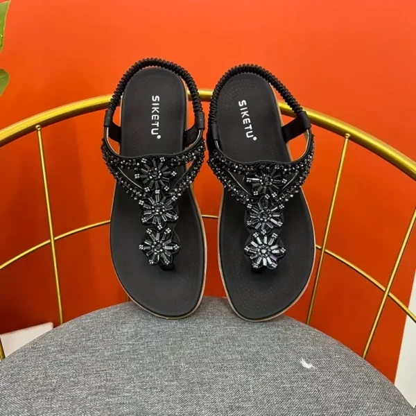 WF102 Women's Flower Beads Thong Sandals, Boho Style Open Toe Elastic Strap - Image 6