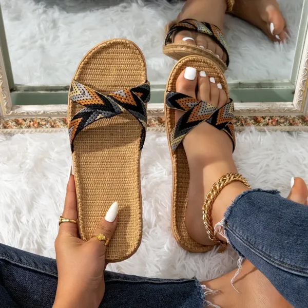 WF103 Women's Cross Band Linen Slides - Image 6