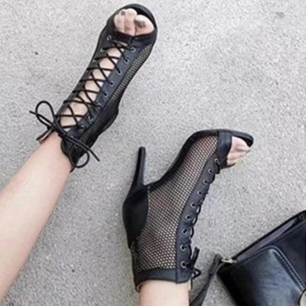 WF114 Summer Sexy Hollow Mesh Sandals Shoes Peep Toe Boots Lace UP Comfort Boots Stilettos - Image 6