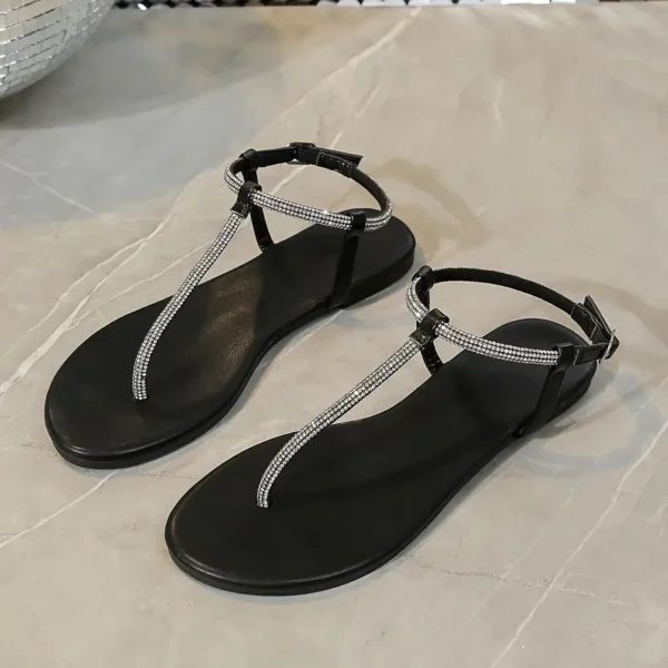 WF105 Women's Rhinestone Decor Thong Sandals, Casual Buckle Strap Flat - Image 3