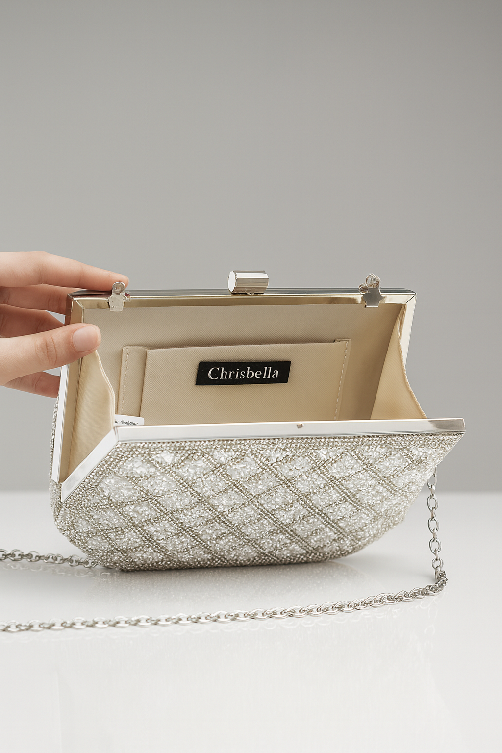 CB062-Luxury Diamond-Pattern Crystal Evening Bag with Gold Chain - Image 3