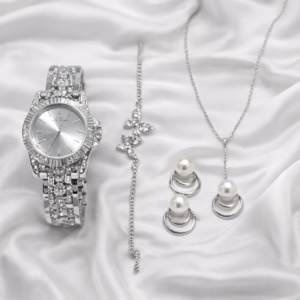 CORAL22-Elegant Silver Watch & Jewelry Set for Women