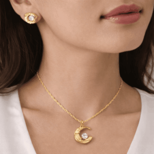 XP002-Elegant Gold Crescent Necklace & Stud Earring Set