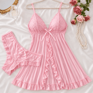 Sexy lace lingerie set for women, hot red nightgown with matching panties, sheer (WU577)
