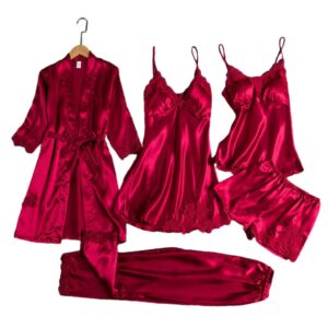 Lady Nightgown Silky Satin Lace Patchwork Women's Pajamas Set (WU575)